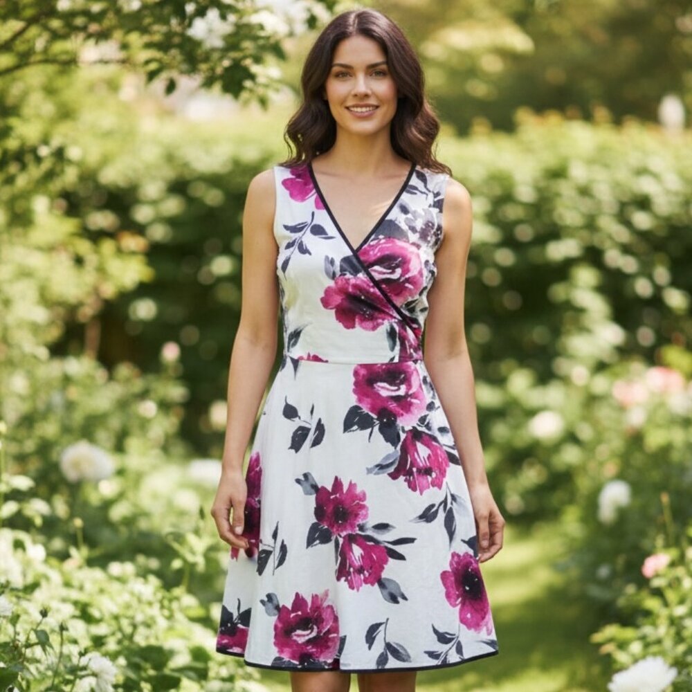 Corey P Sleeveless Floral Dress Sz 14 Surplice‎ Faux Wrap White Pink Black 273A